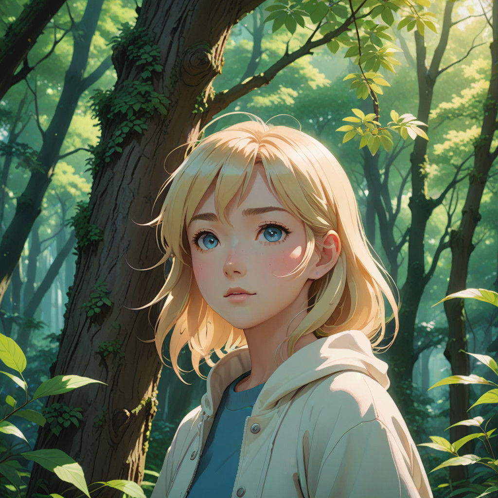 Dreamy Anime Girl in Serene Forest, Soft Watercolor Style