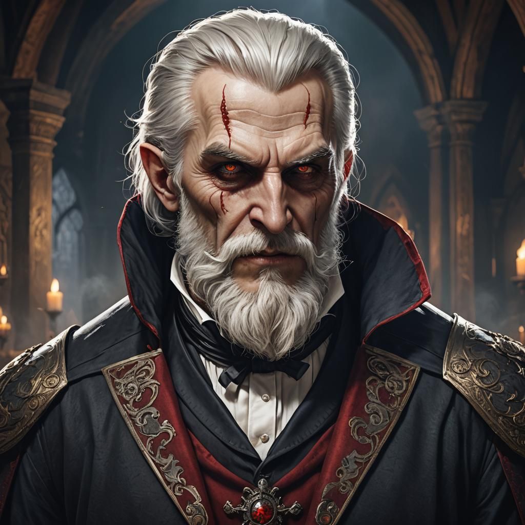 Medieval Vampire Butler with Monocle, Detailed Matte Paintin...