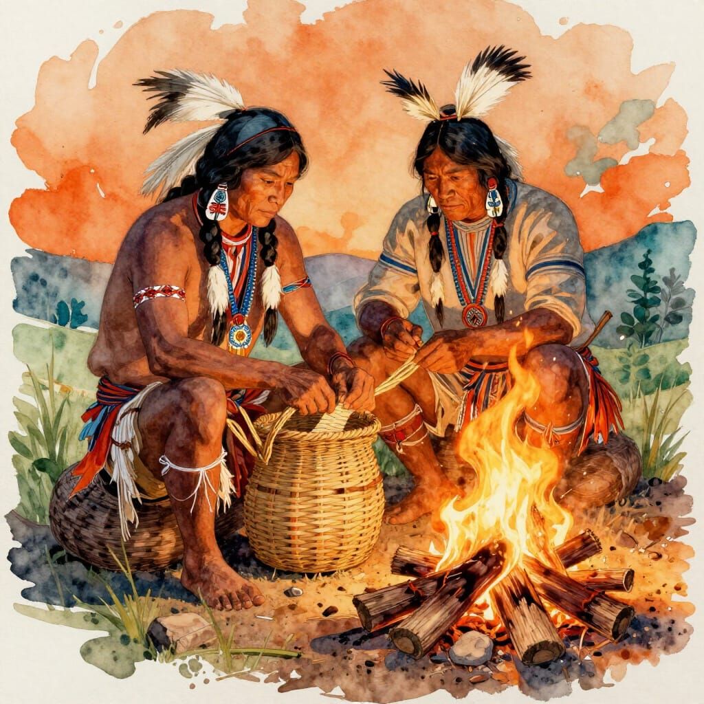 Native Americans Weaving Baskets by Firelight in Watercolor ...