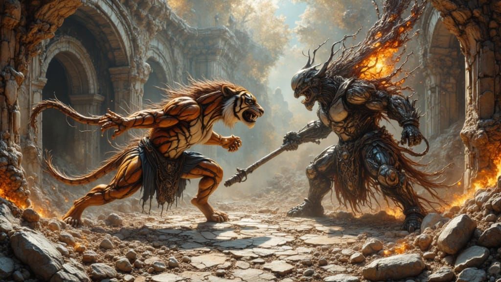 Anthropomorphic Tiger in Tekken-Inspired Fight Scene