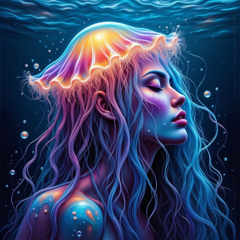 Mermaid with Glowing Jellyfish Crown Underwater