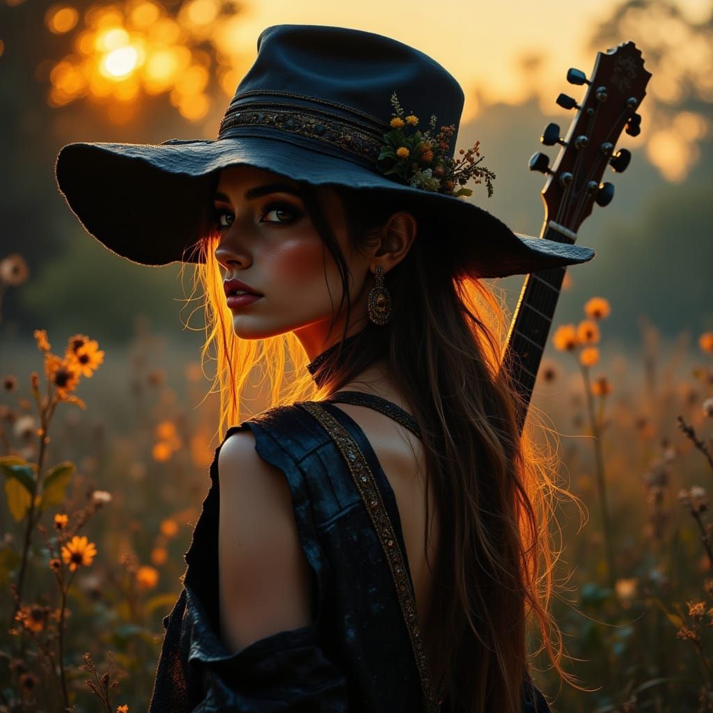 Gritty Hippie Rebel Guitar Silhouette