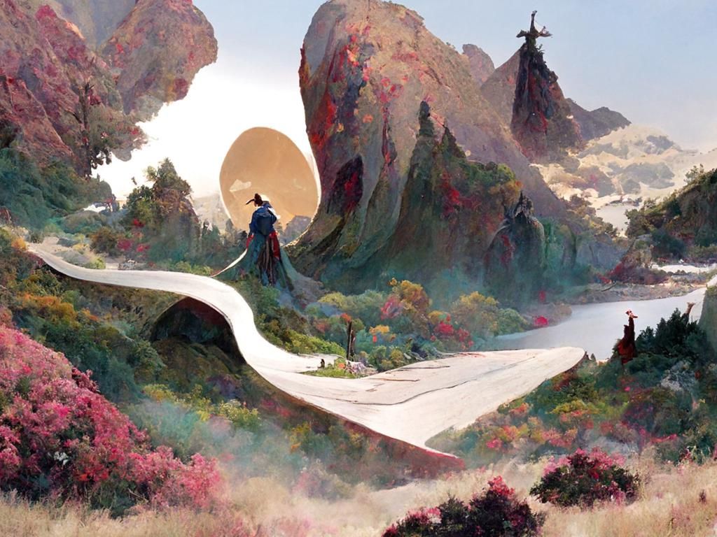 Serene Lakeside Path Through Hills: Digital Illustration