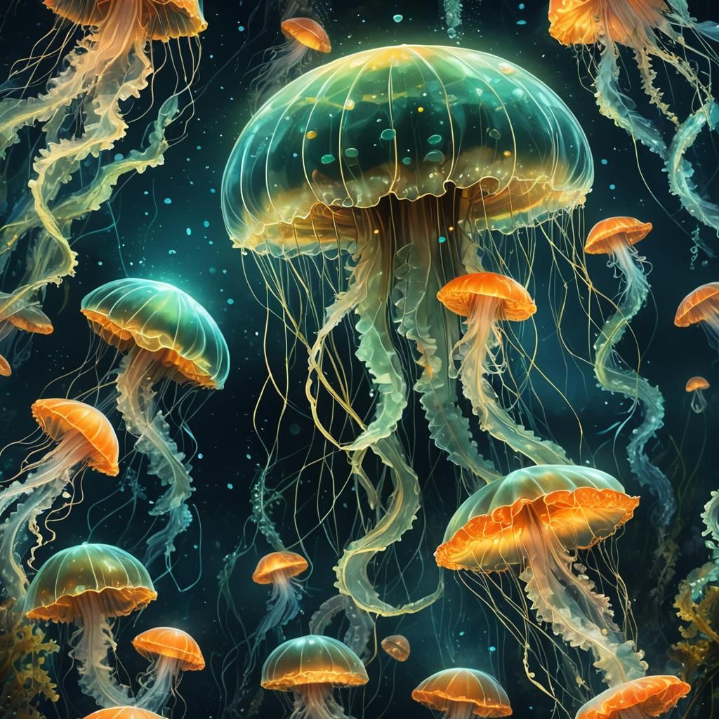 Bioluminescent Jellyfish Portrait in Fantasy Underwater Scen...