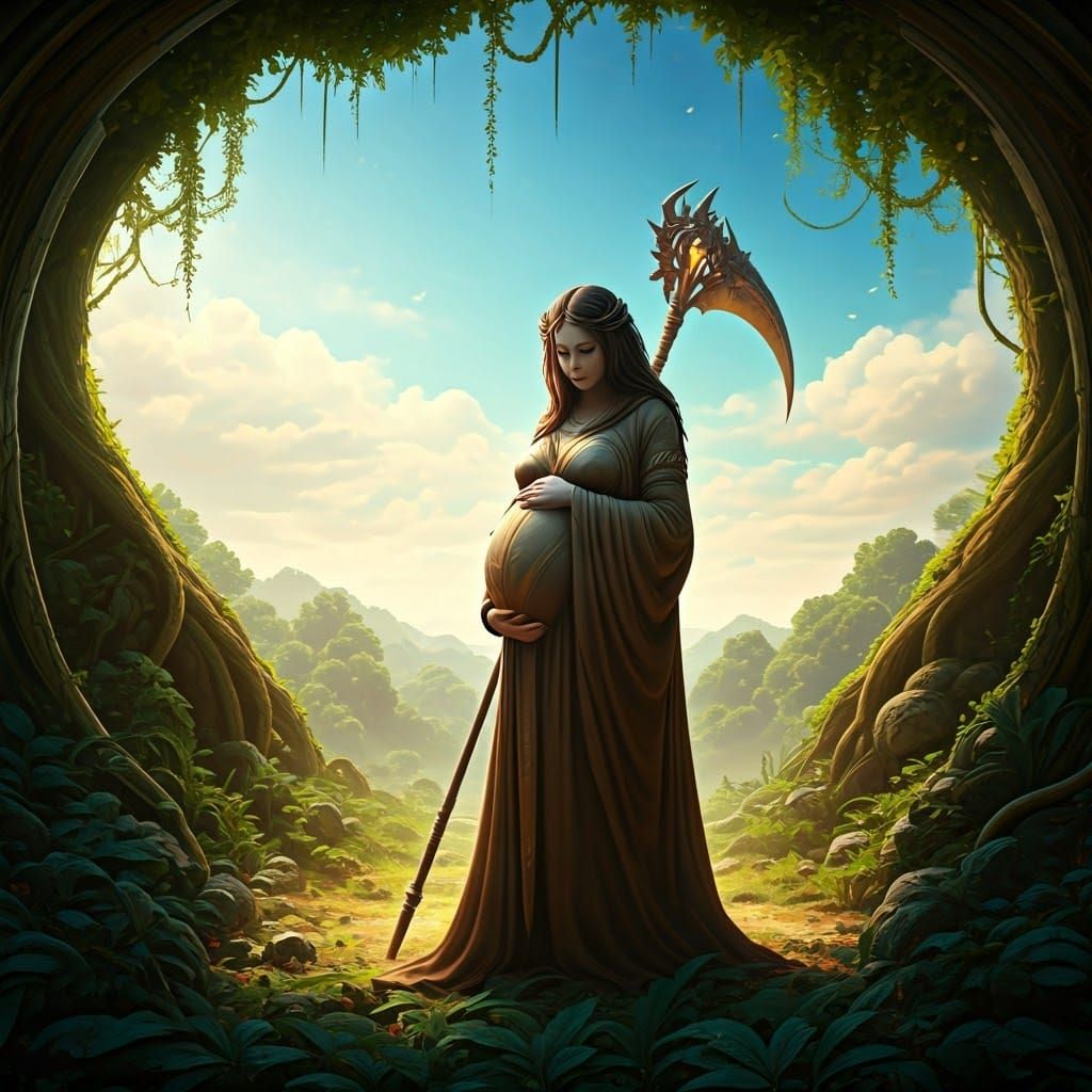 Pregnant Grim Reaper in Lush Landscape