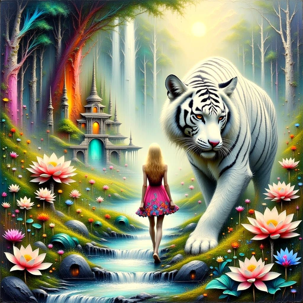 A Beautiful Blond Woman Walks with a Gentle White Tiger in a...