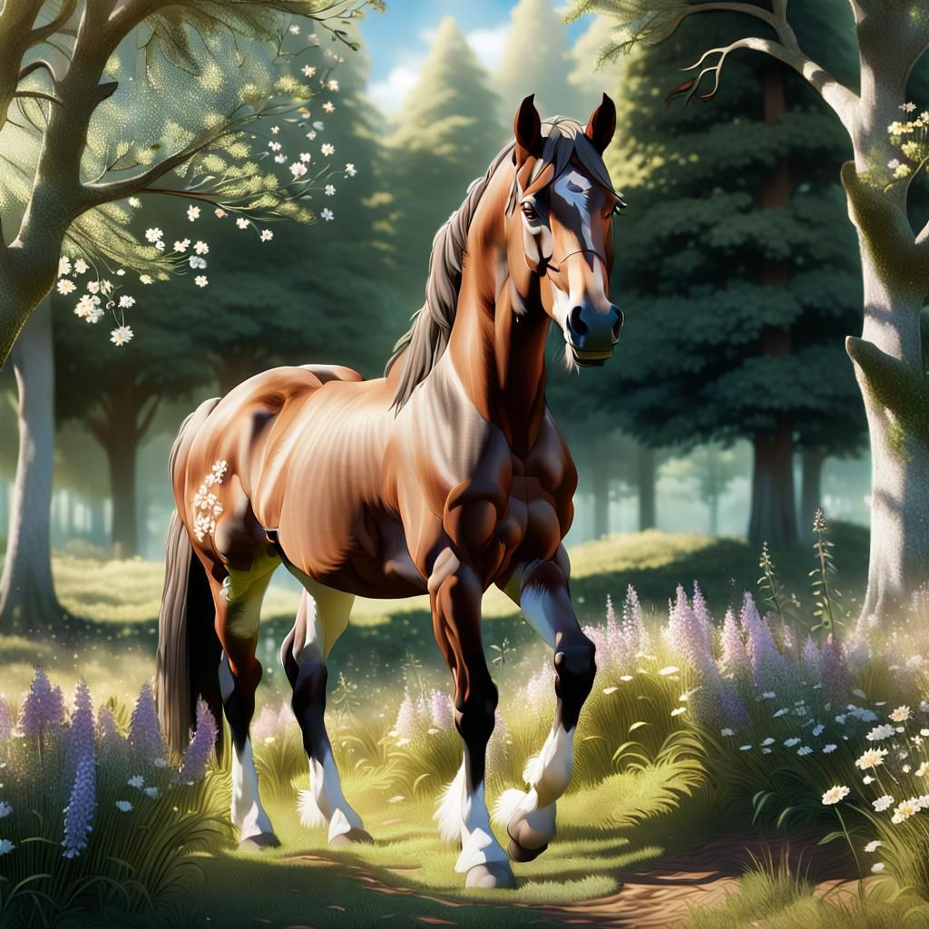 Brown Mare Grazing in Lush Meadow: Anime-Inspired 3D Art