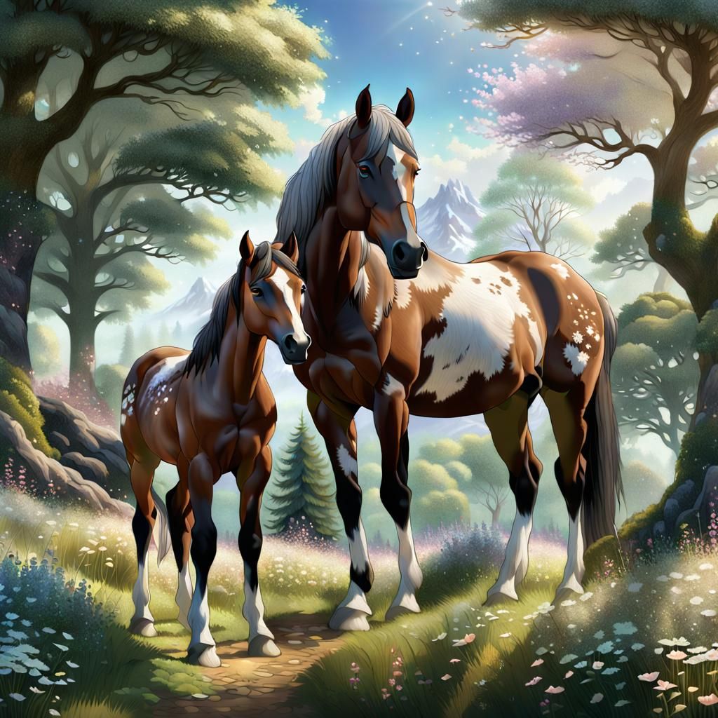 Baby Geralt and Mare in Magical Realism Style