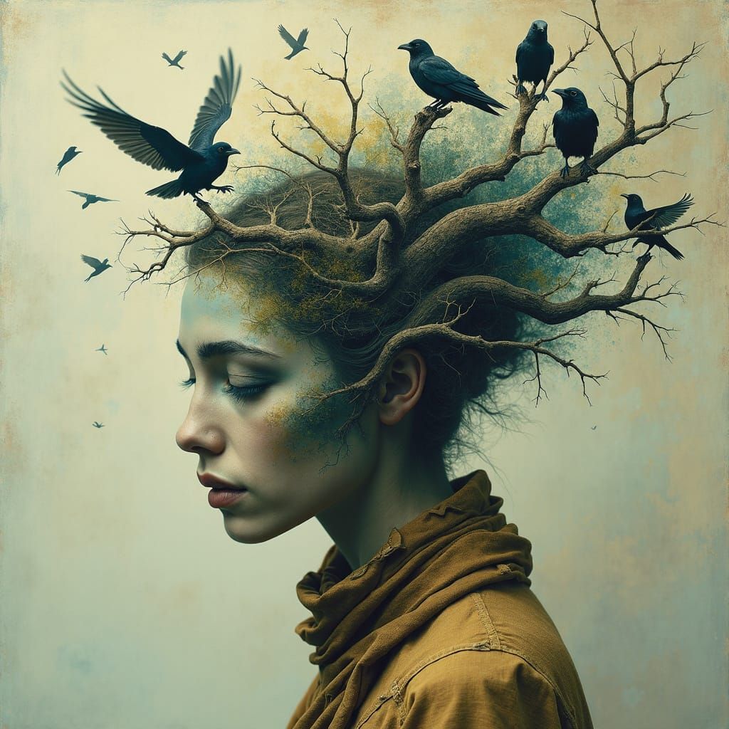 A Woman Emerges from a Living Tree, her Face a Fractal Lands...