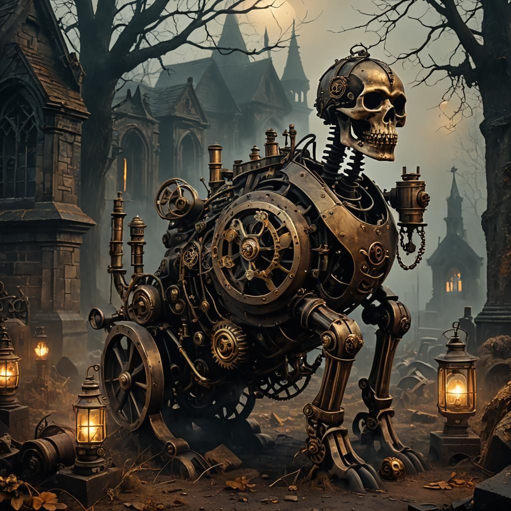 Steampunk Skeleton Pig Feast in Graveyard