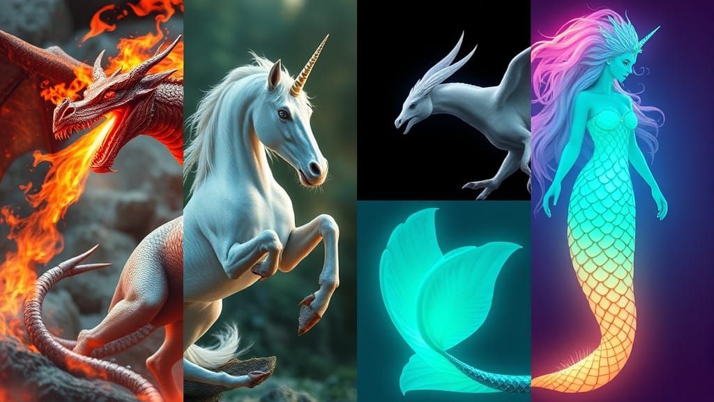 Dragon and Unicorn in Photorealistic Split Screen, with Phoe...