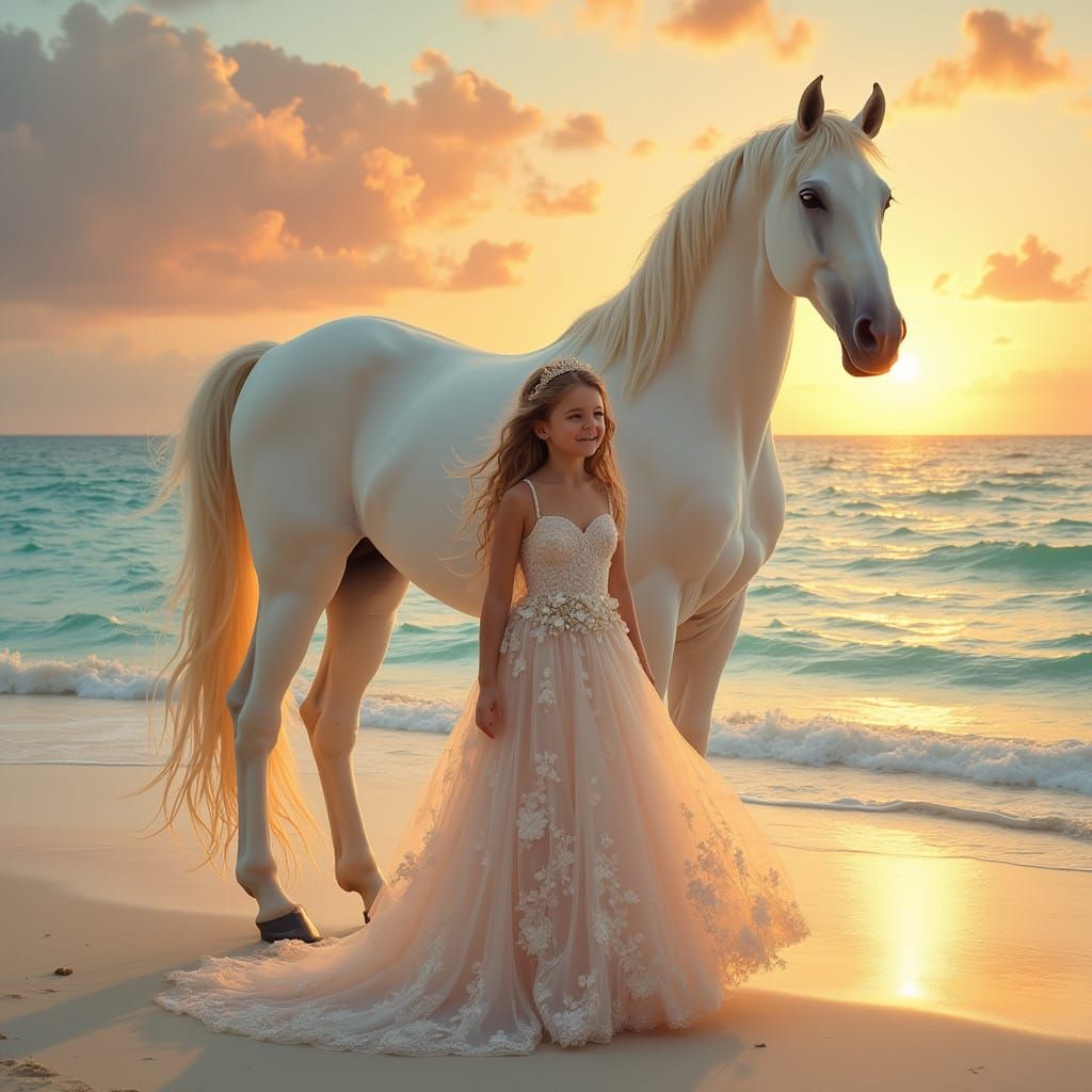 Regal White Horse Beside Girl in Elegant Evening Gown on Ser...