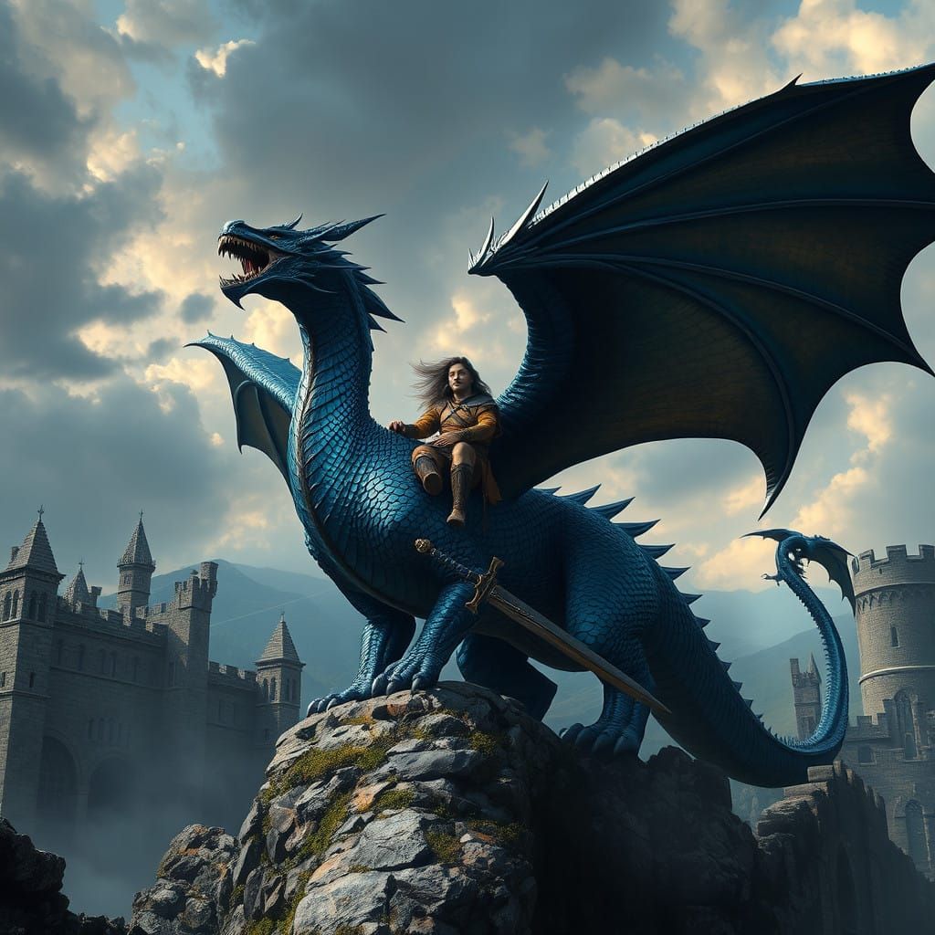 Elegant Dark Blue Dragon Conquers Ruined Castle with Brave W...