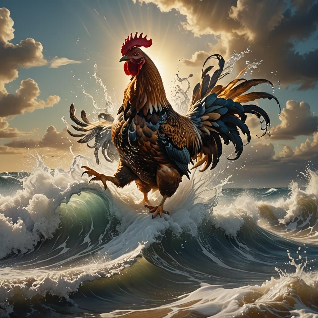 Chicken Rides a Wave in Dali-Inspired Fantasy Art