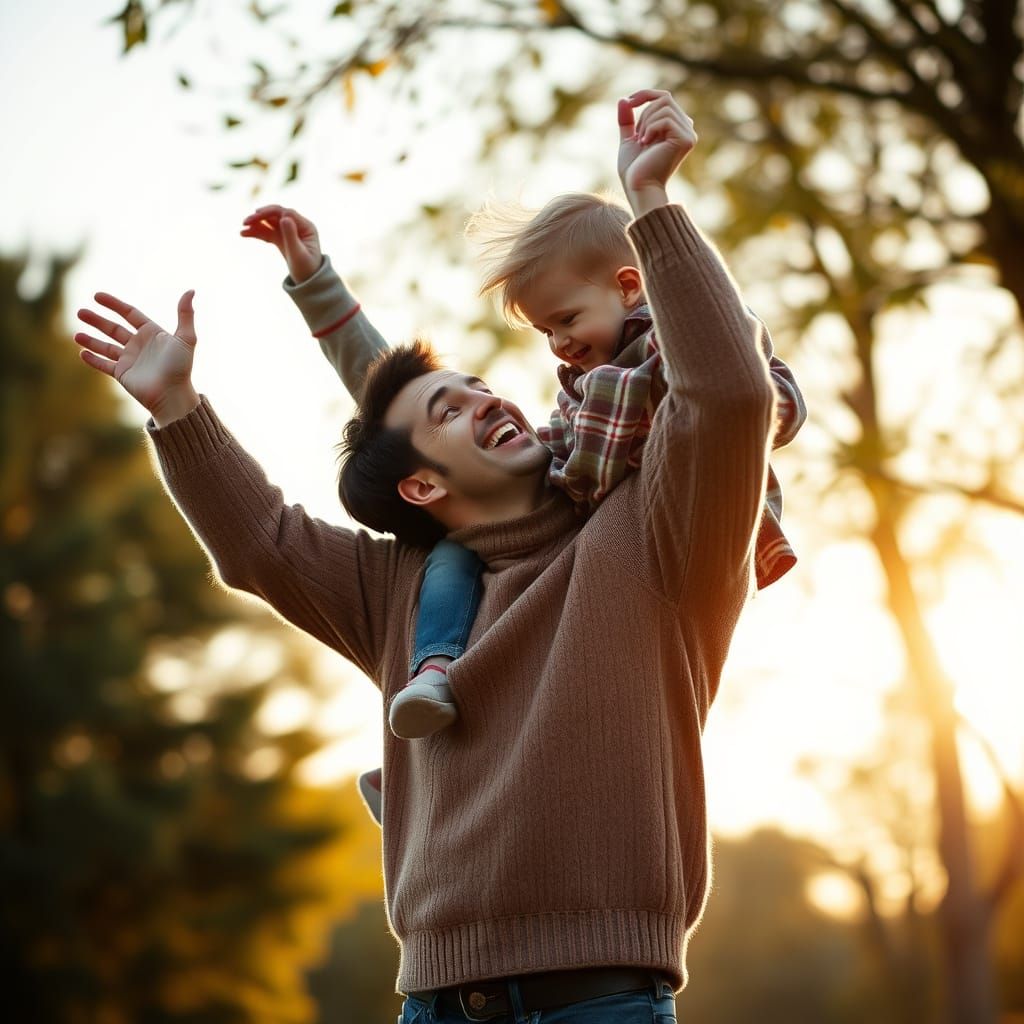 Father and Son's Joyful Embrace in Golden Light