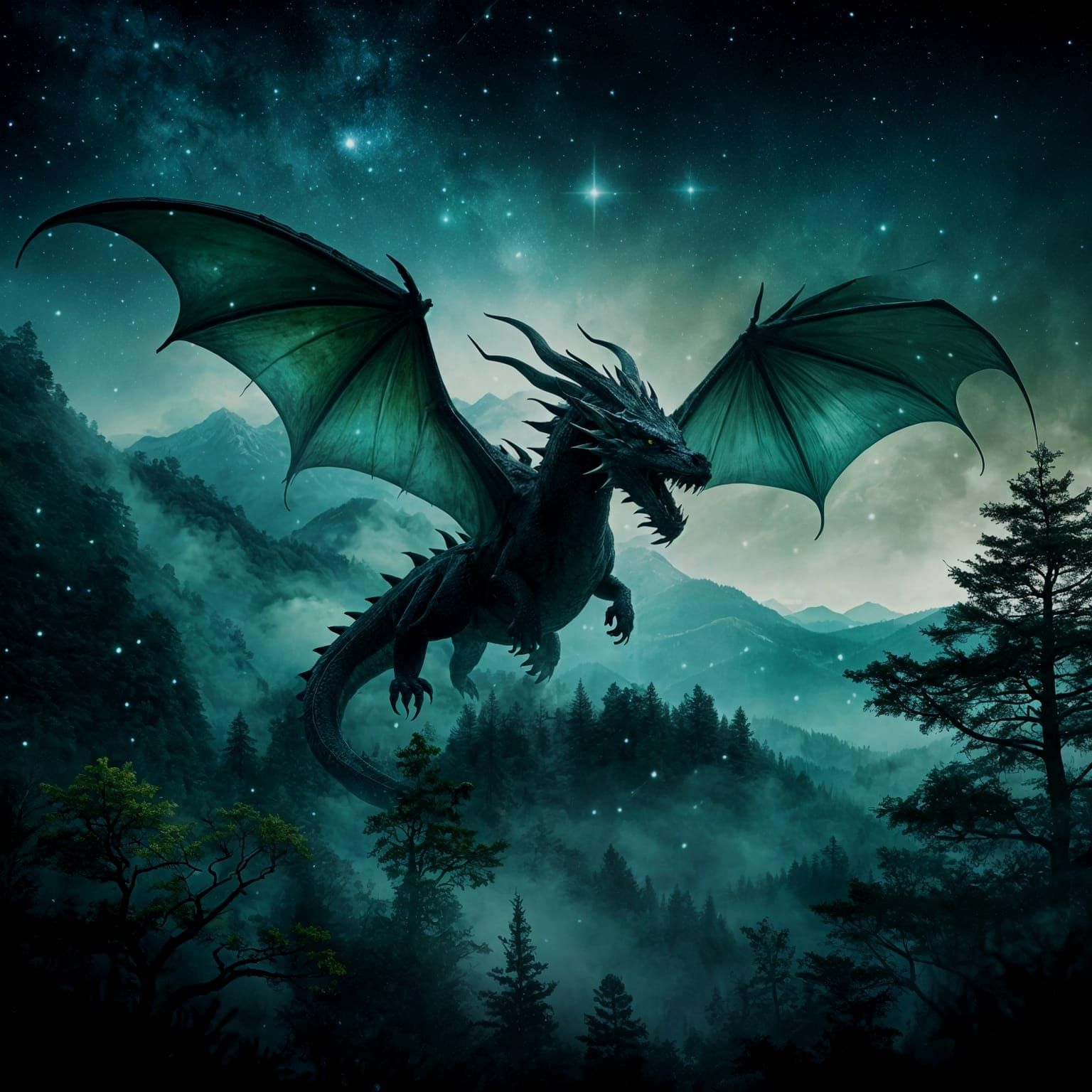 Cosmic Dragon Silhouette in Double Exposure