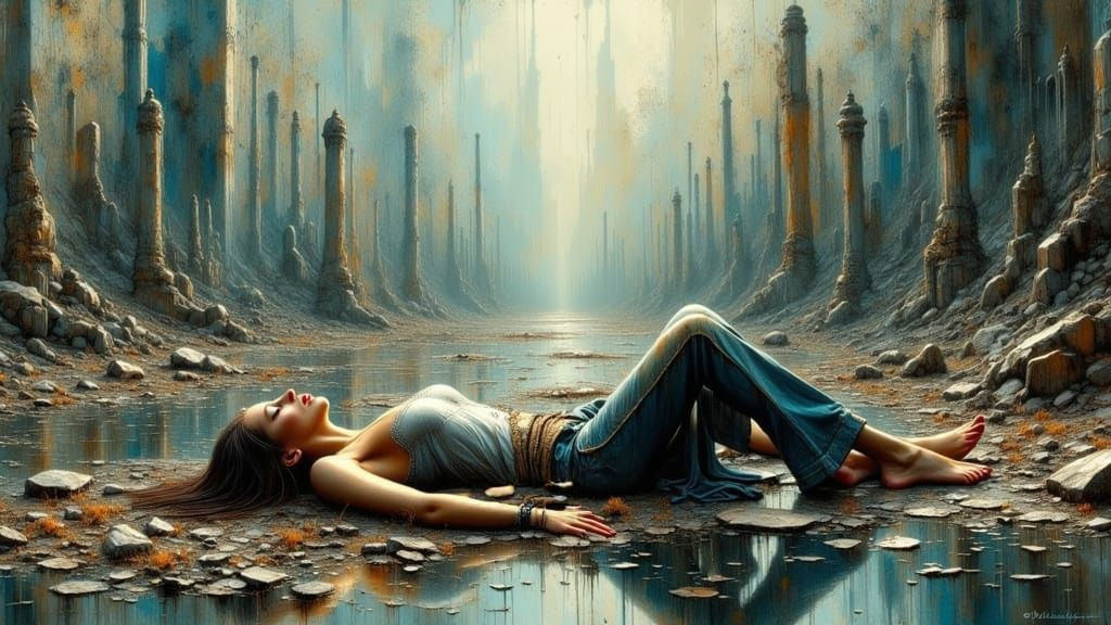 Figure Amidst Shattered Dreams in Impasto Style