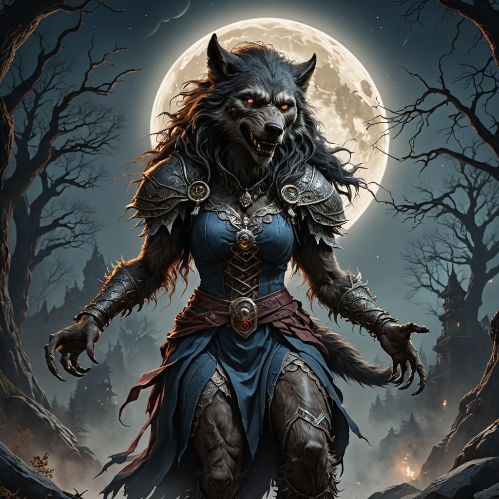 Werewolf Woman Howling at Moon, Detailed Digital Painting