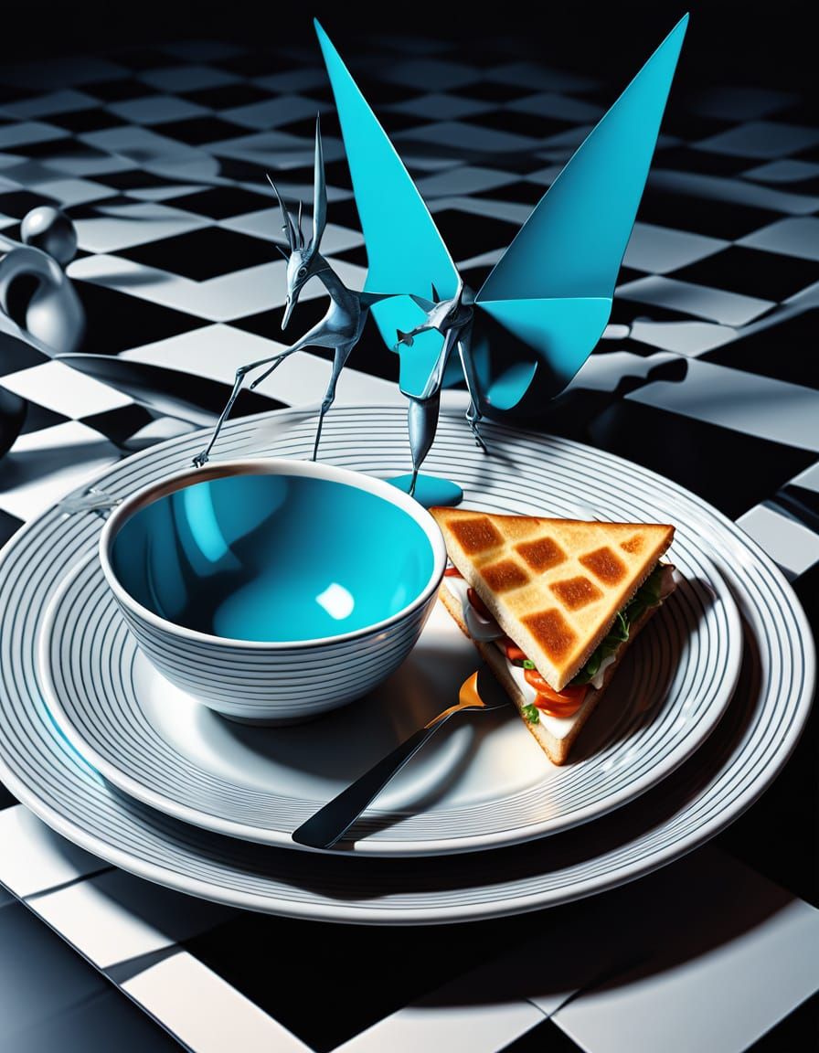 Surrealist Still Life Masterpiece with Distorted Checkerboar...