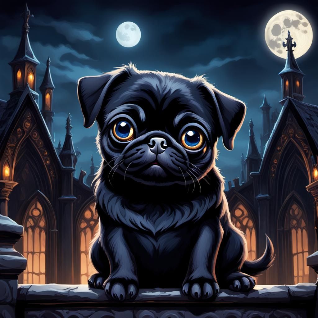 Gothic Vampire Pug in Moonlight: Digital Matte Painting