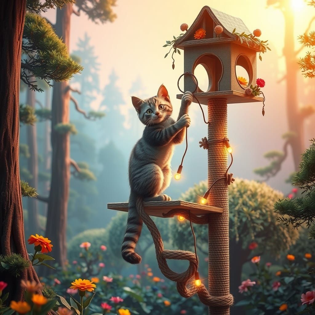 Cat in Dreamlike Forest: 3D Digital Art