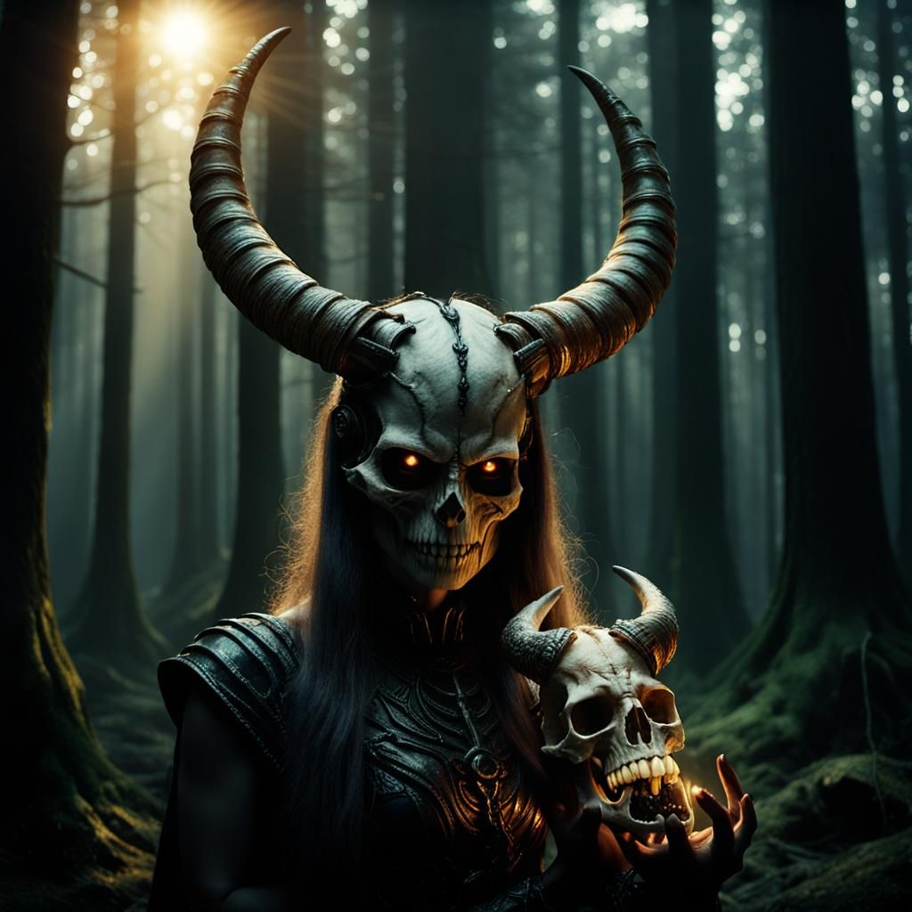 Ethereal Demon with Skull in Dark Forest