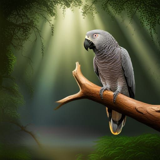Thoughtful African Grey Parrot in Amazon Rainforest