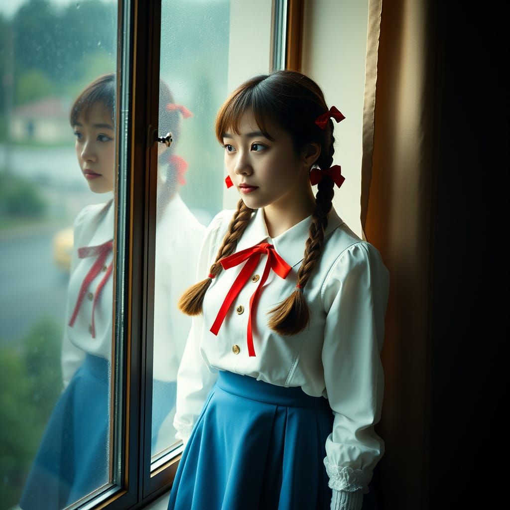 Melancholic Girl at Window in Wong Kar-wai Style