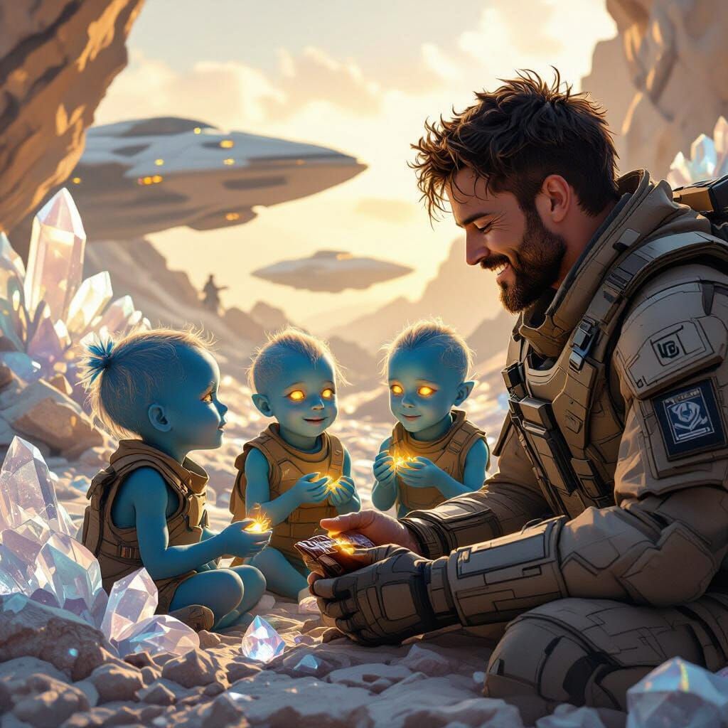 Human Soldier Meets Alien Children in Crystal Ruins
