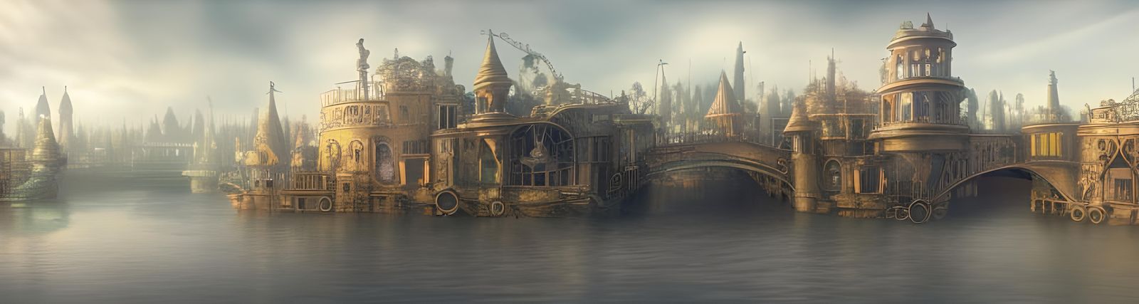 Fantasy Steampunk Cityscape on River Bridges