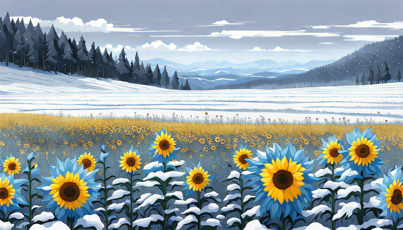 Blue Frozen Sunflowers in Snowy Mountains, Anime Style