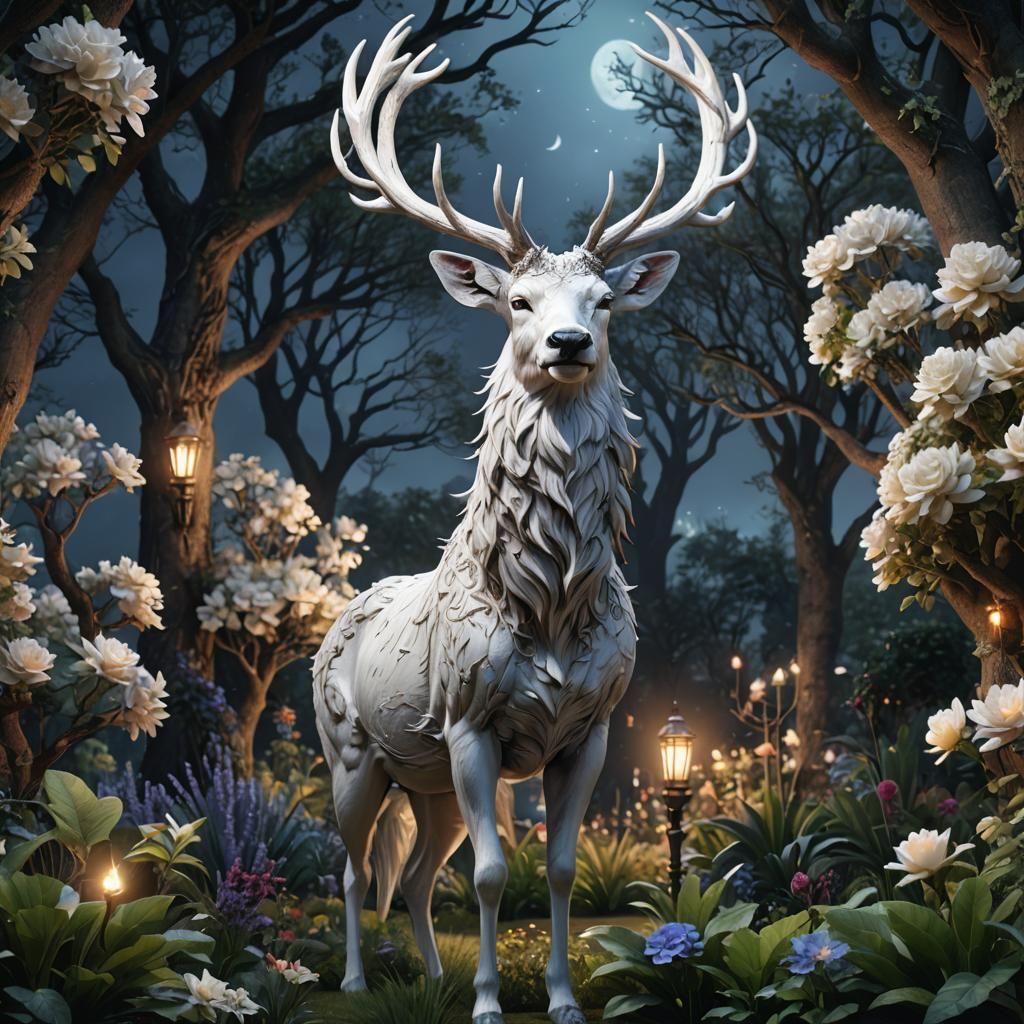 Majestic White Stag in Garden at Night