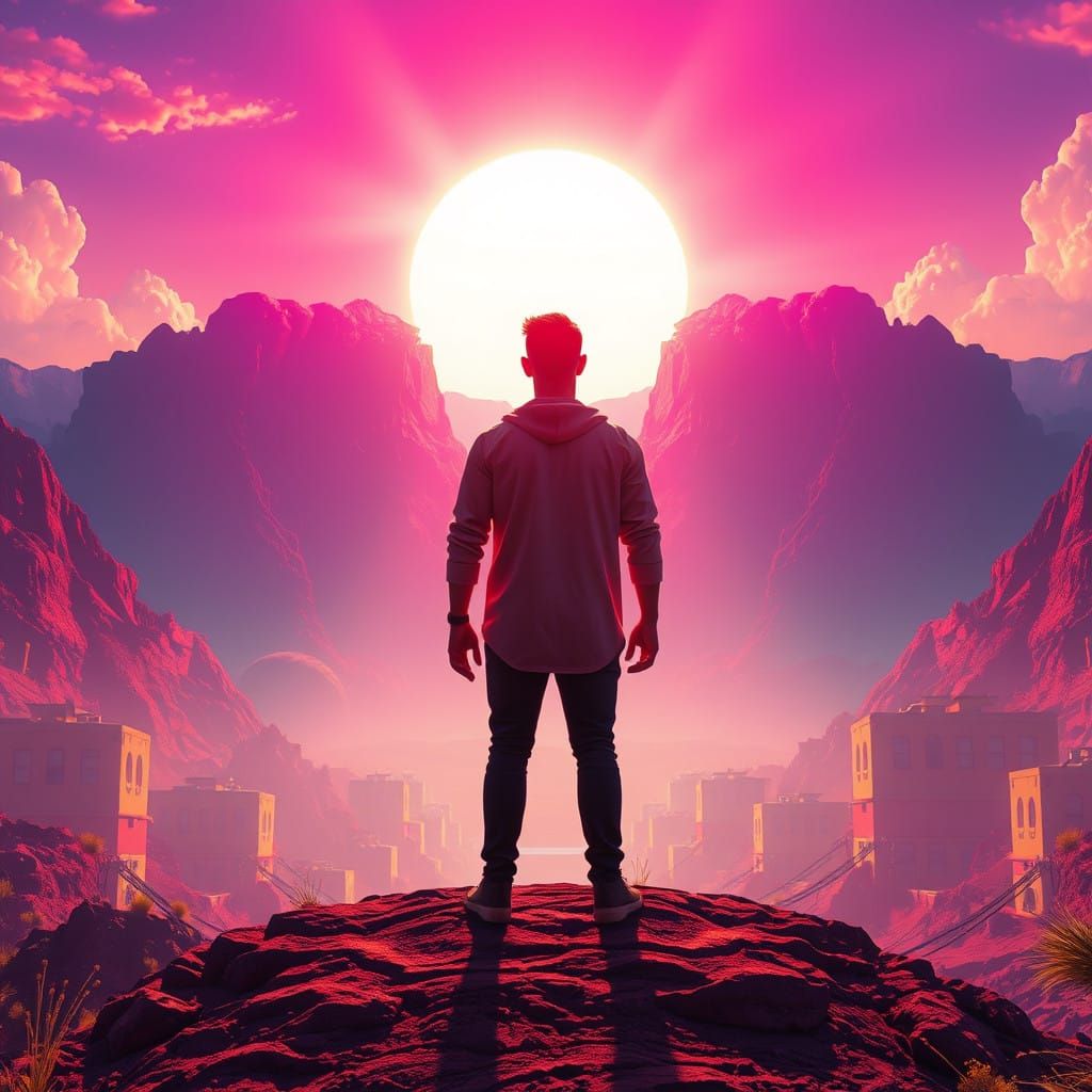 "man with  standing in a surreal vaporwave landscape, background bright vaporwave style burning sun with bright rays sho...