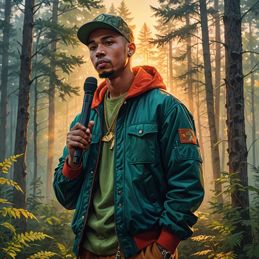 Russian Rapper in Misty Forest, Colored Pencil Drawing