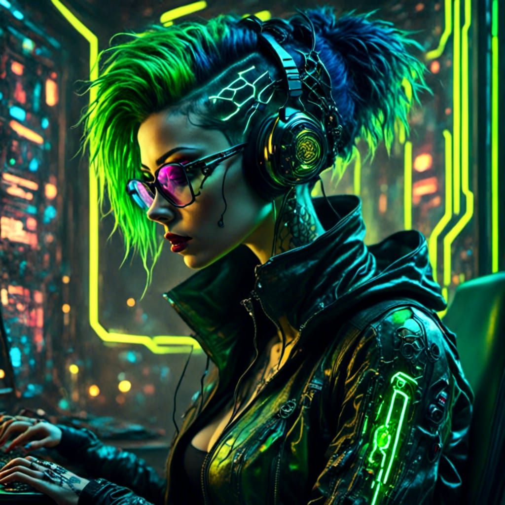 Cyberpunk Hacker Girl in Synthwave 2099 Style