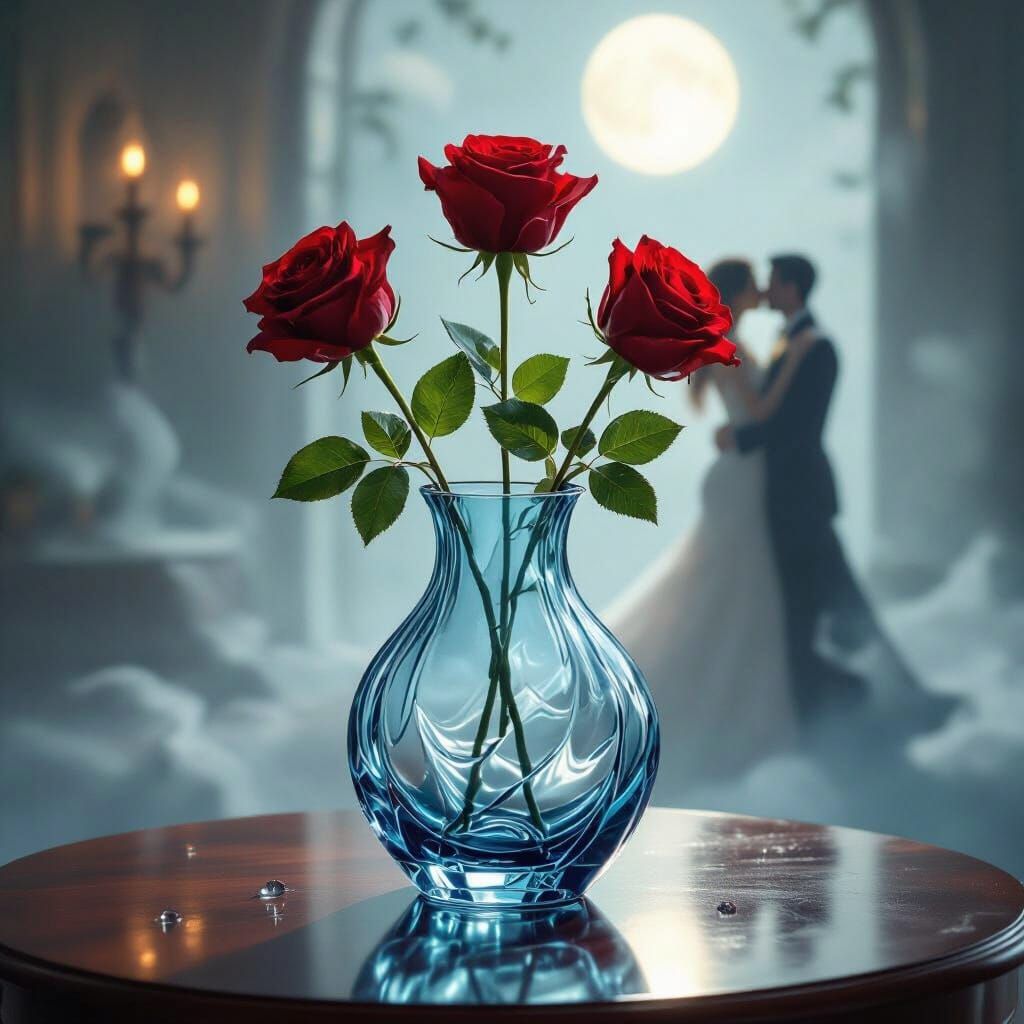Roses in Crystal Vase, Ethereal Romanticism