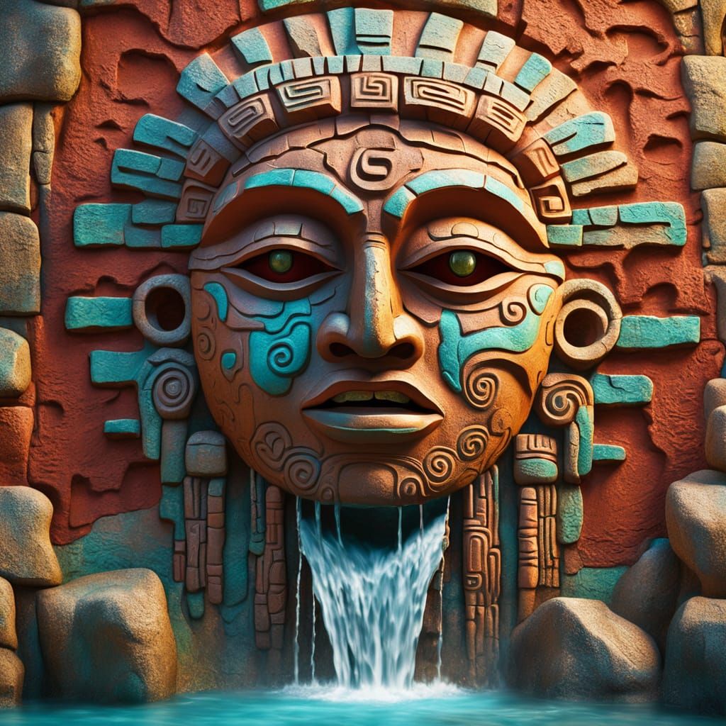 Surreal Aztec Sculpture Waterfall in Earthy Tones
