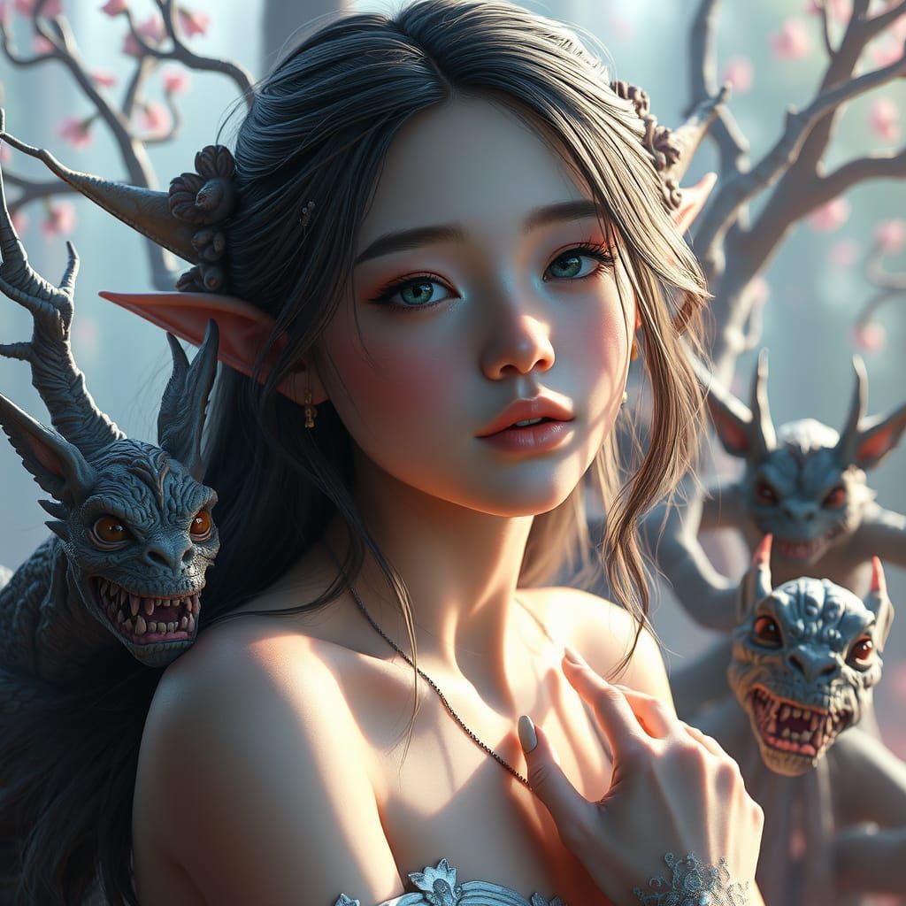 Fantasy Girl Portrait with Tree Elves in Ethereal Lighting