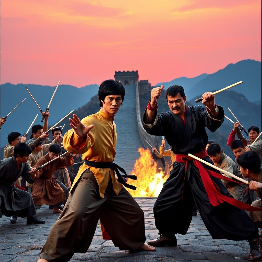 Intense Martial Arts Battle at the Great Wall