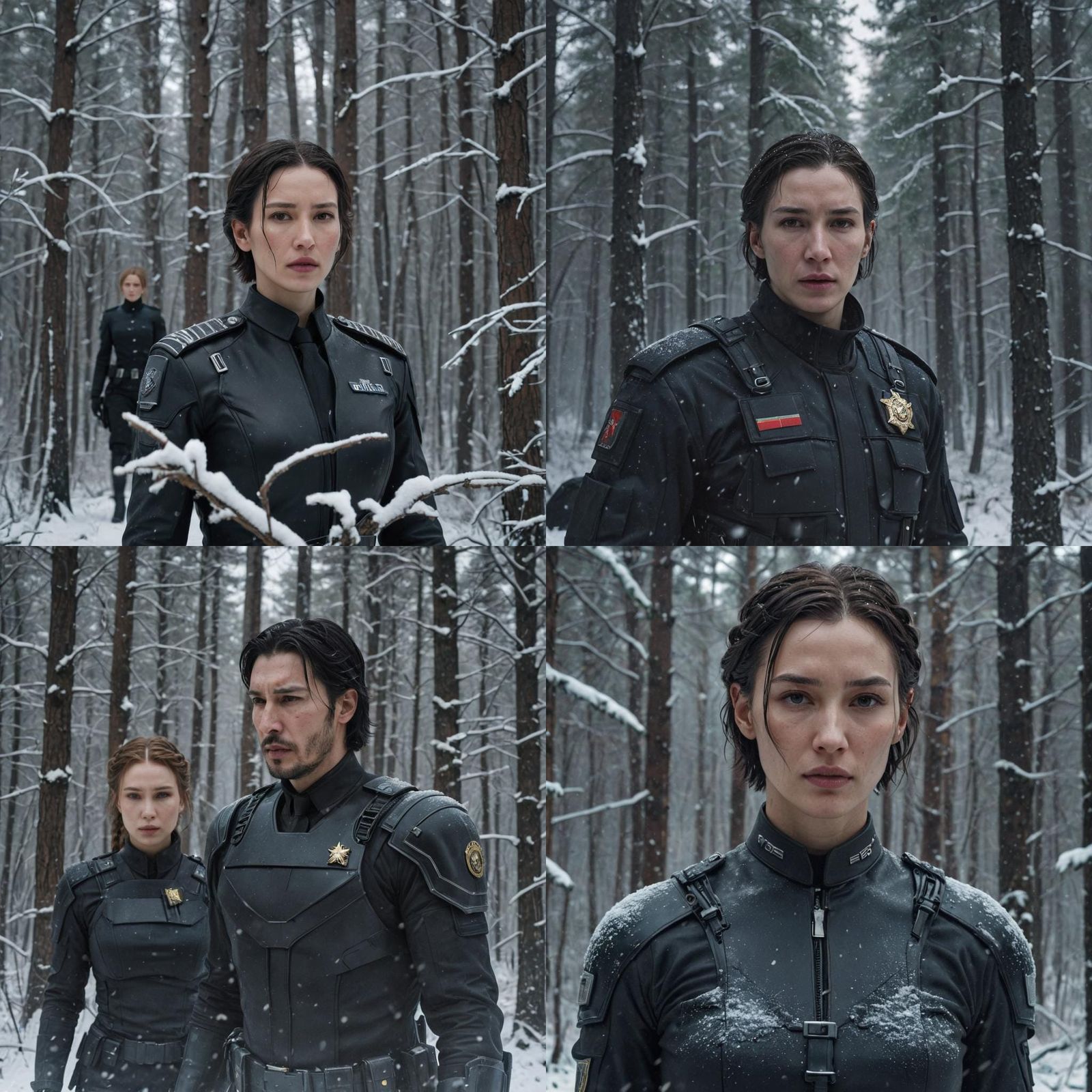 Futuristic Police Chief in Snowy Forest, Digital Art