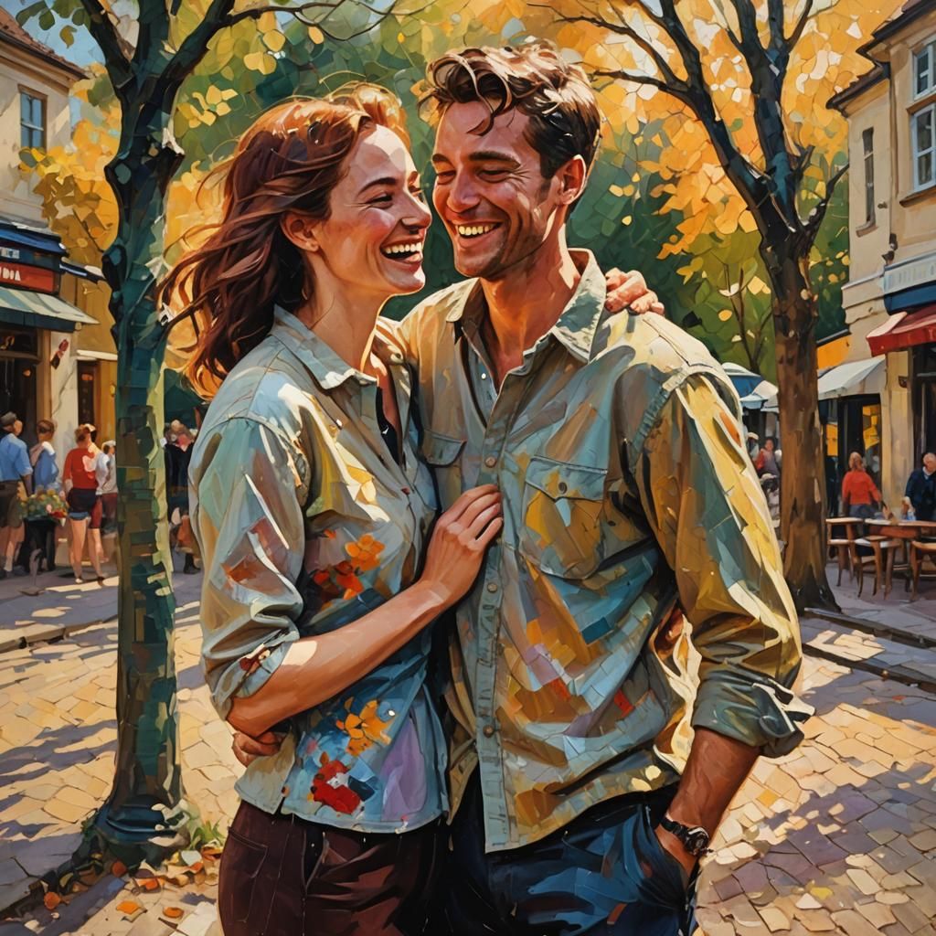 Romantic Couple Embrace in Neo-Impressionist Oil Painting
