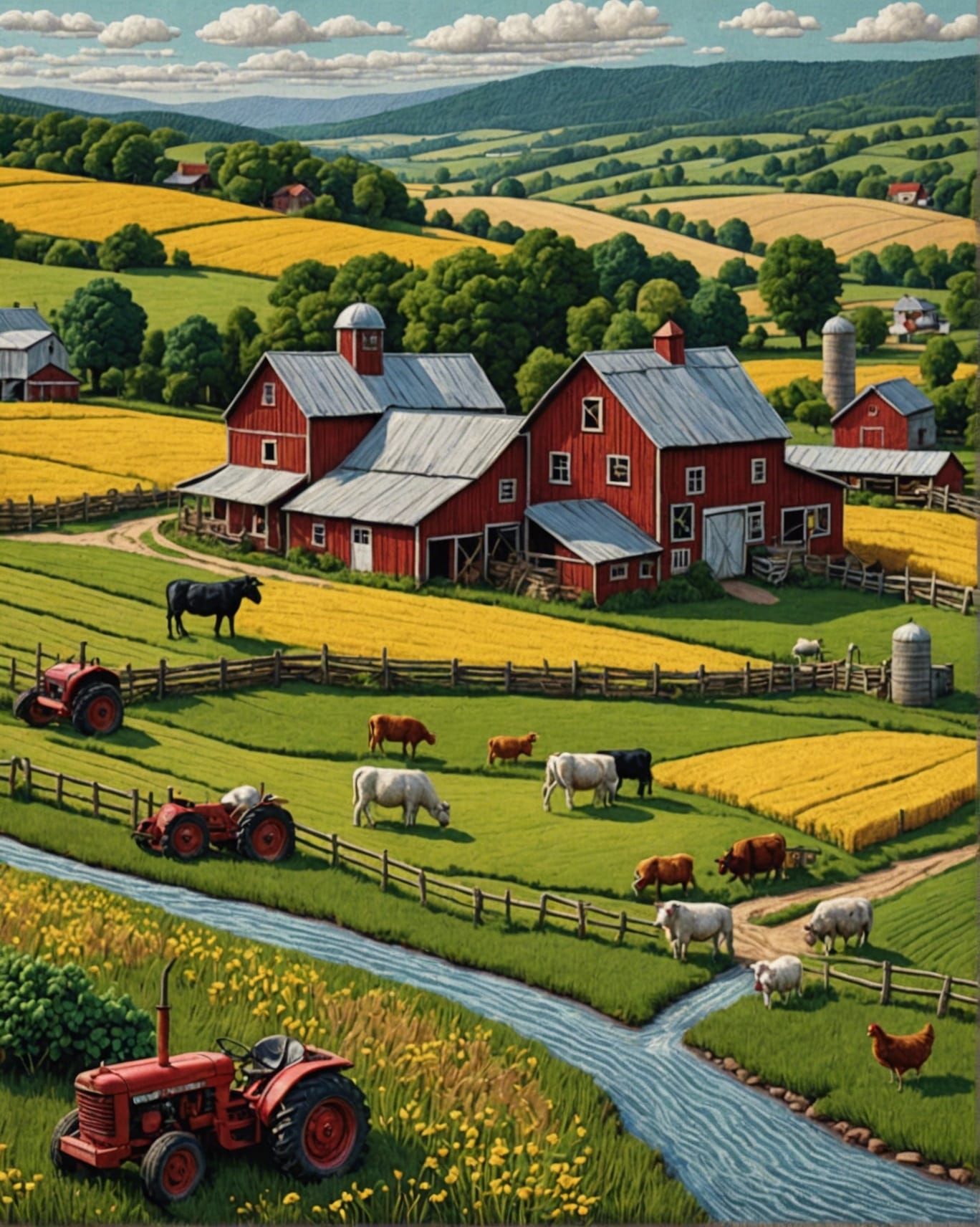 Mixed media hyper-detailed embroidered farm scene with seamless integration of embroidery; Subtle texture variations and...