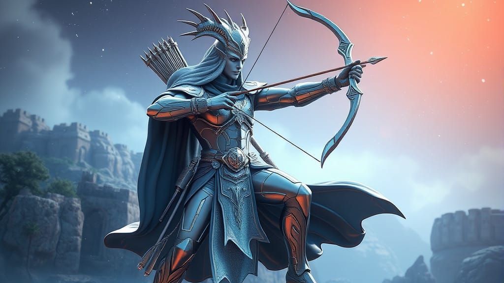 Majestic Zodiac Archer in Futuristic Armor and Regal Attire