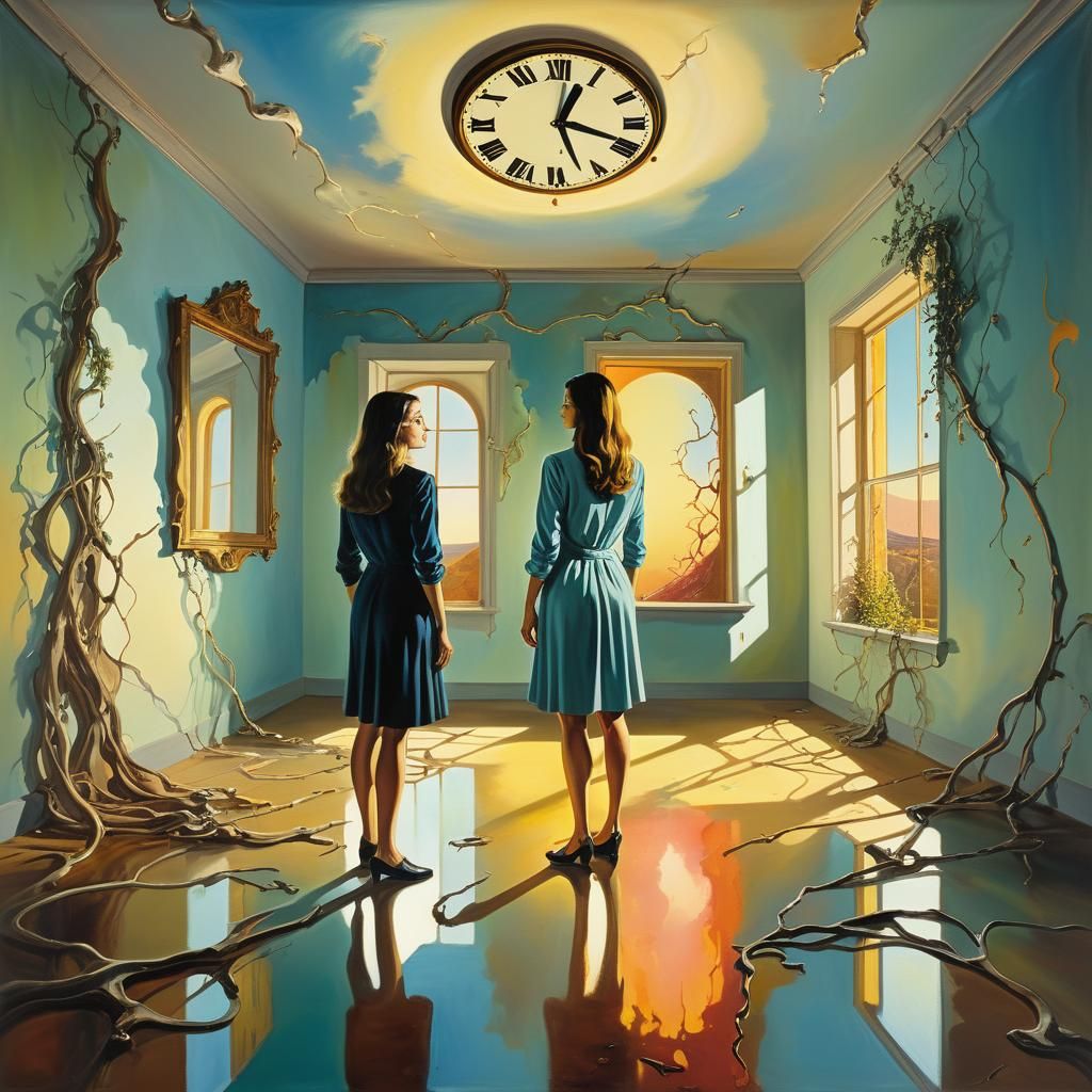 Surreal Woman in Empty Room with Melting Clock