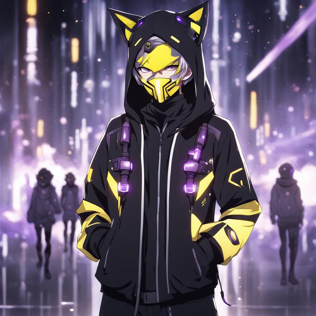 Futuristic Mask Techwear PFP with Cat Ears in Cyberpunk Styl...