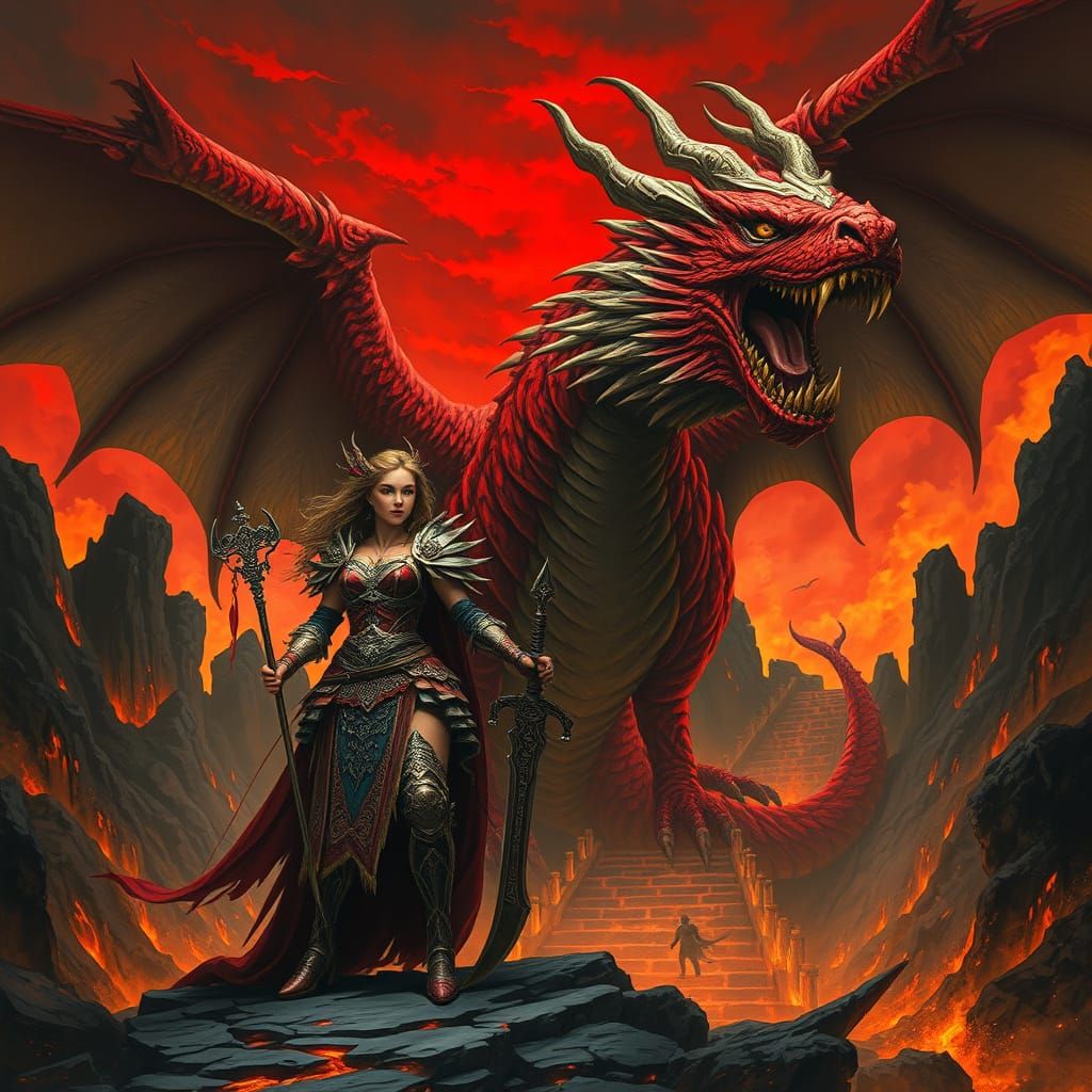 Warrior Princess and Red Dragon in Volcanic Throne Room