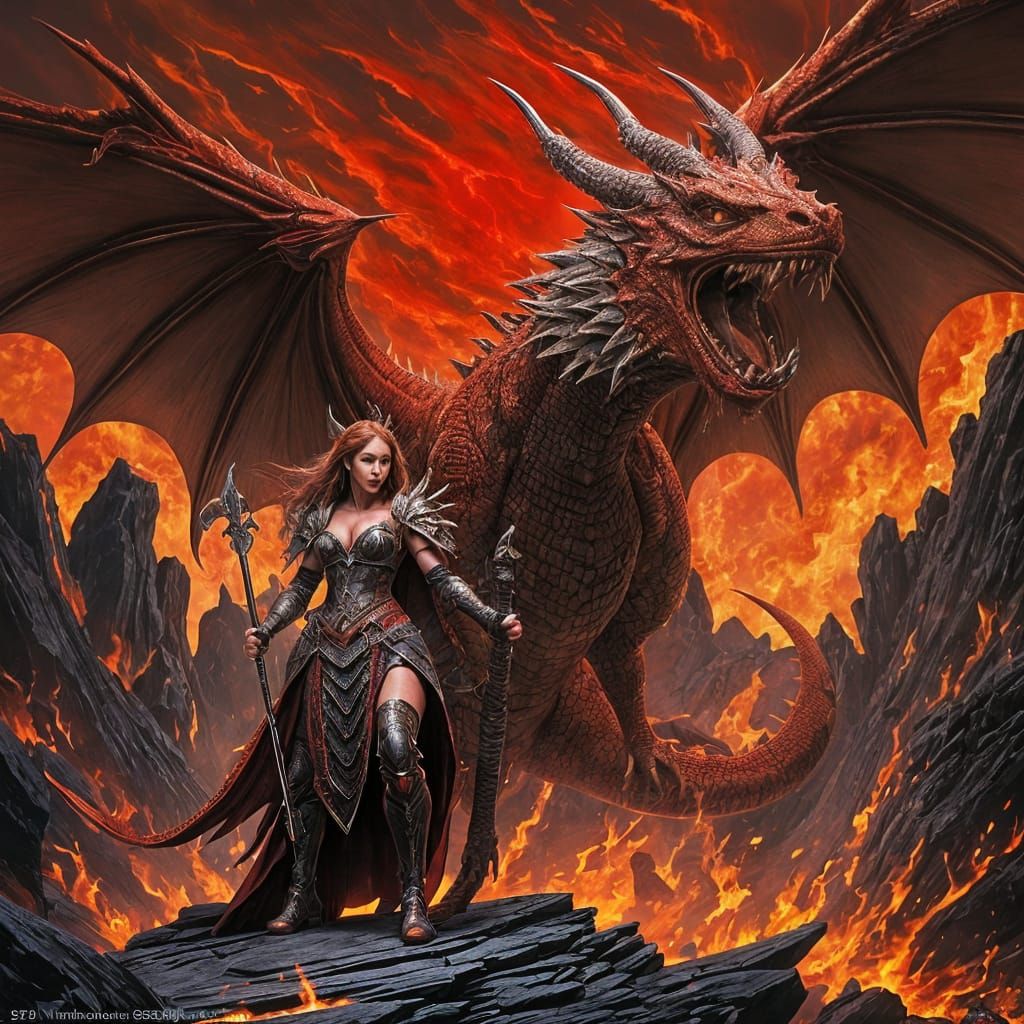 Warrior Princess and Fire-Breathing Dragon in Dramatic Scene