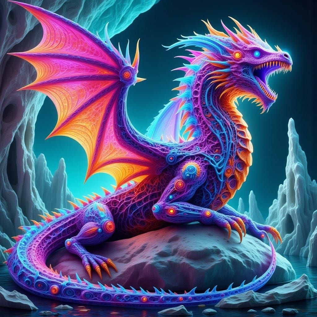 Biomechanical Dragon with Ultraviolet Wings in Cave