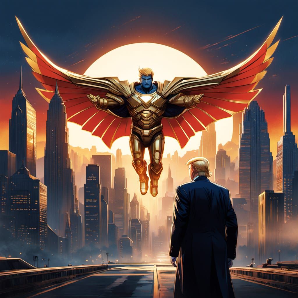 High-Tech Superhero Donald Trump in Art Deco Cityscape