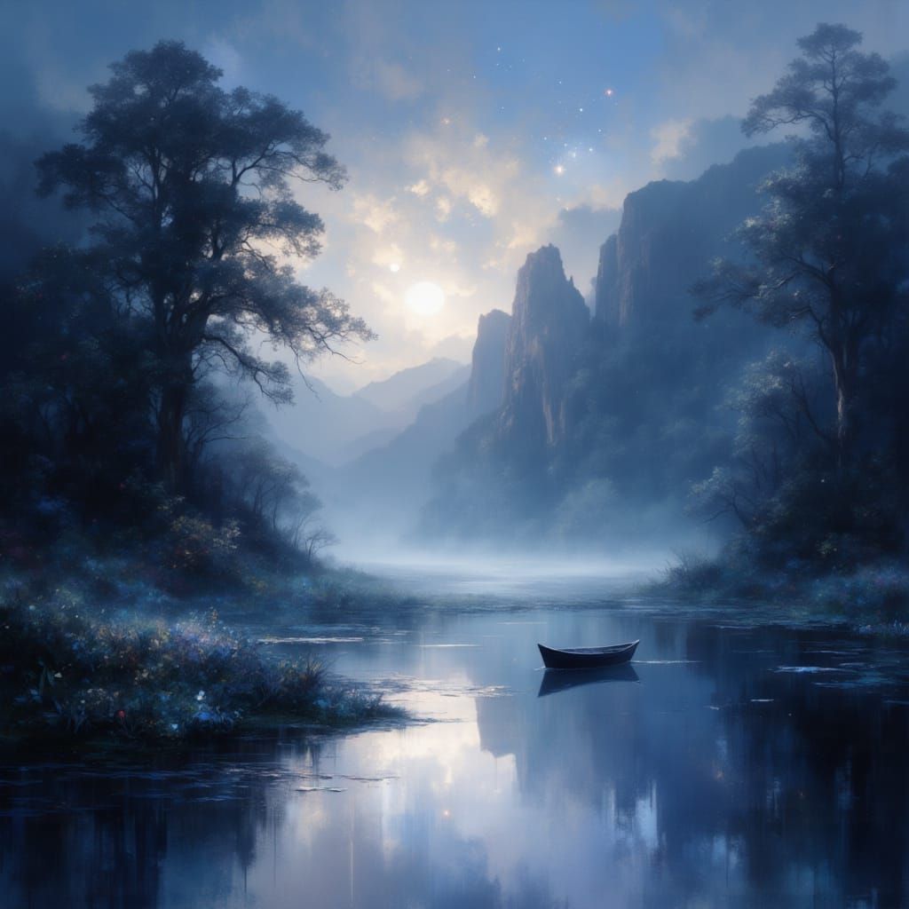 Twilight River Landscape in Impasto Style